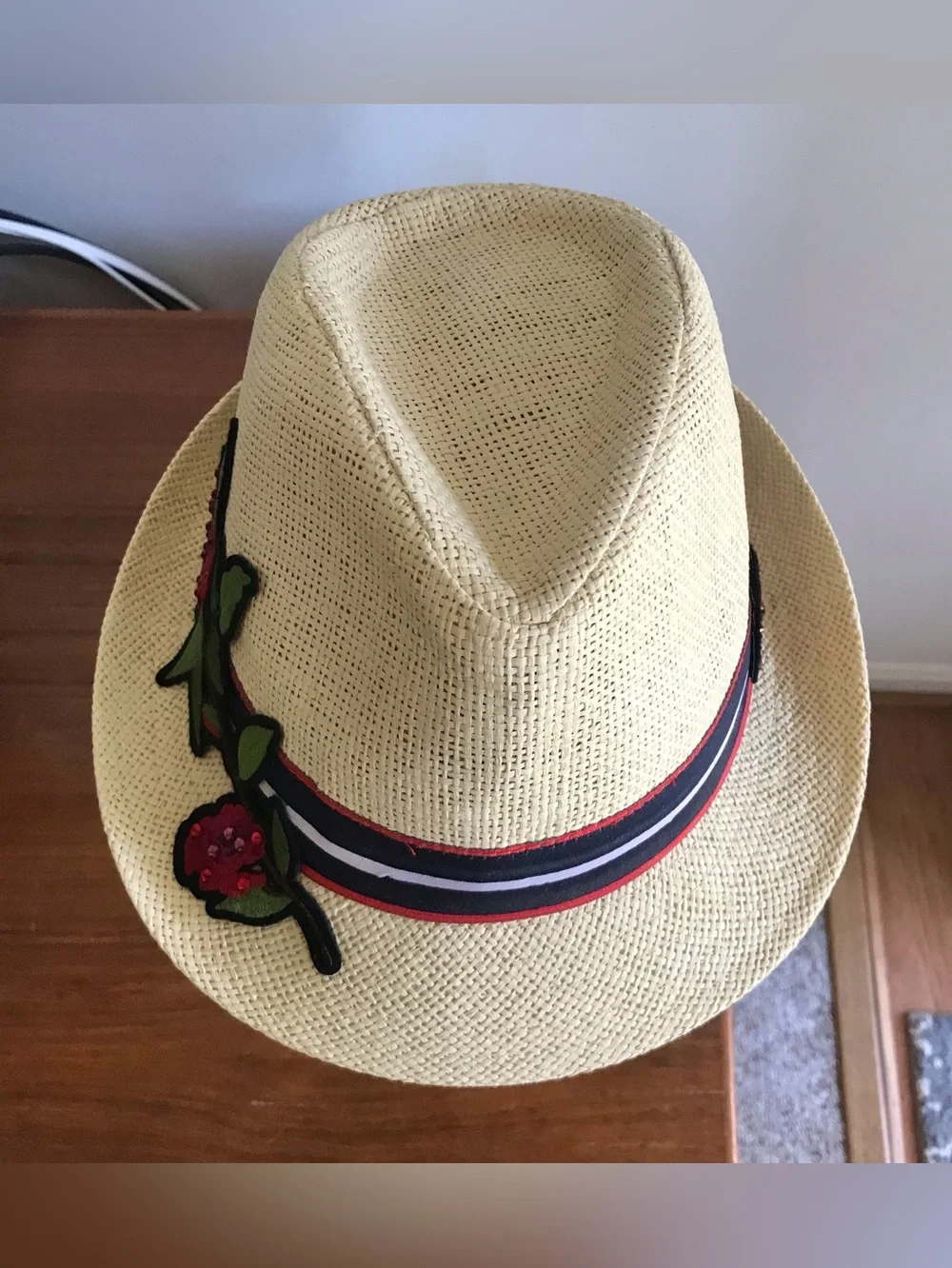 OOAK Upcycled Fedora Hat Jeweled Red Rose Floral Paper Straw Unisex Large 23”